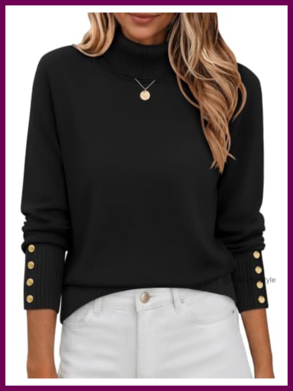 Turtleneck Sweater Long Sleeve Ribbed Knit Pullover Button Cuff Jumper Top